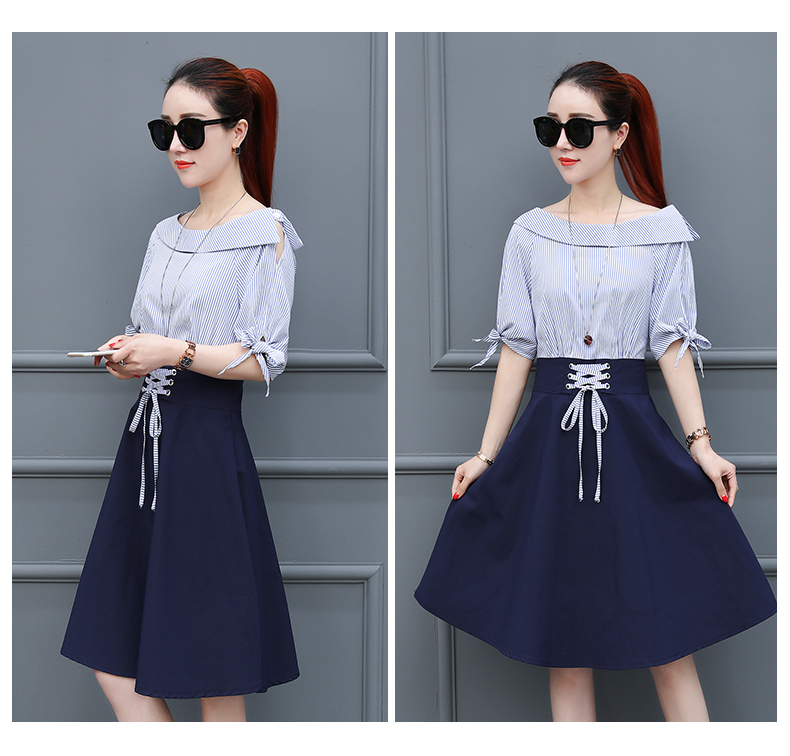Dress4617 เดรสปาดไหล่ลายริ้วเล็กสีฟ้าขาวตัดต่อกระโปรงผ้าซาร่าสีพื้นกรม แขนสามส่วนผูกโบว์ เอวแต่งเชือกผูก