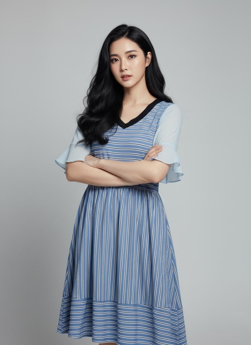 💙 Dress4422 เดรสยาวลายริ้วโทนฟ้า แขนชีฟองระบาย ผ้าสลาฟใส่สบาย ไม่บาง ไม่ยับ ใส่เที่ยว-ทำงานได้ สไตล์เกาหลี