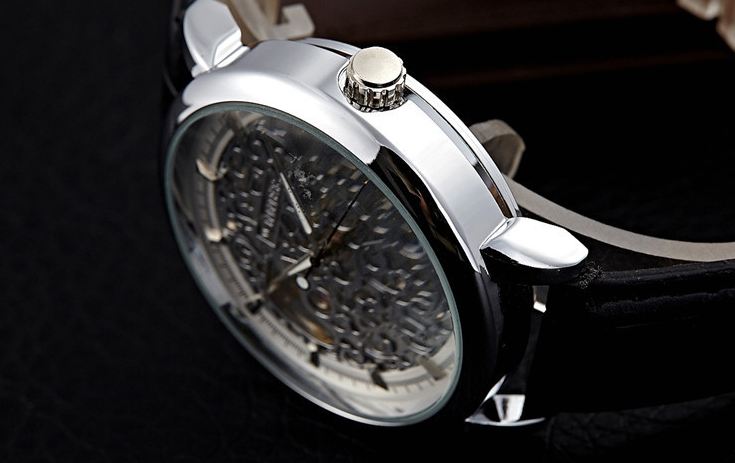 นาฬิกาโชว์กลไก ดีไซน์ หรู หน้าปัด สีทอง สีเงิน สี Rose Gold ด้านในแกะลาย Mechanical watch นาฬิกาสายหนังแท้ สีดำ 565524