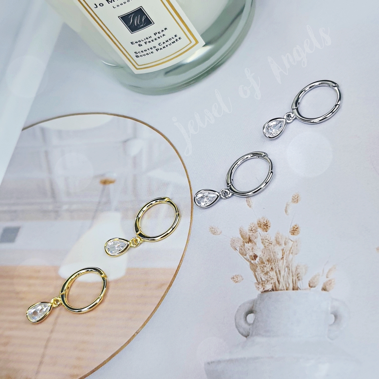 ต่างหูห่วงเงินแท้ S925 รุ่น Mist ต่างหูห่วงเล็ก เพชรCZรูปหยดน้ำ สีเงิน สีทอง Silver925