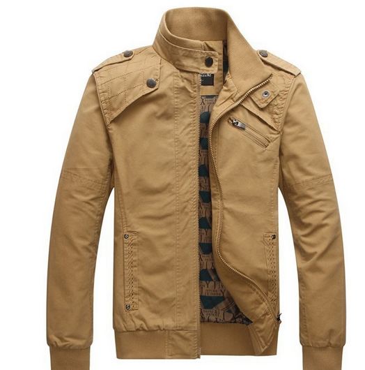 เสื้อ แจ็คเก็ต ผู้ชายแขนยาว เสื้อผ้ายีนส์ สีน้ำตาลอ่อน ทะเลทราย Jacket แขนยาว แบบ คอตั้ง ปิดคอ เอวจั้ม แขนจั้ม ผ้า 2 ชั้น แบบสวย ราคาถูก 224503