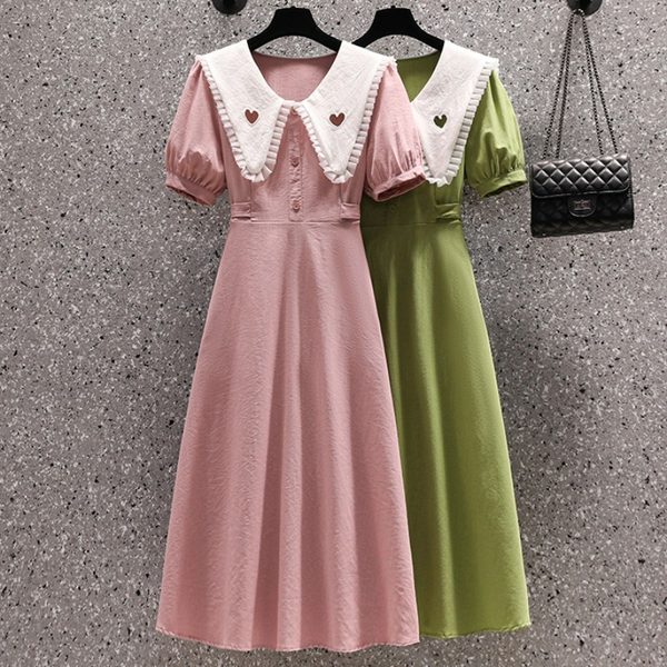 เดรสคนอ้วน เดรสสาวอวบ ชุดเดรสคนอ้วนวัยรุ่น เดรสคอกะลาสี สีชมพู เขียว BY PLUS SIZE Girl