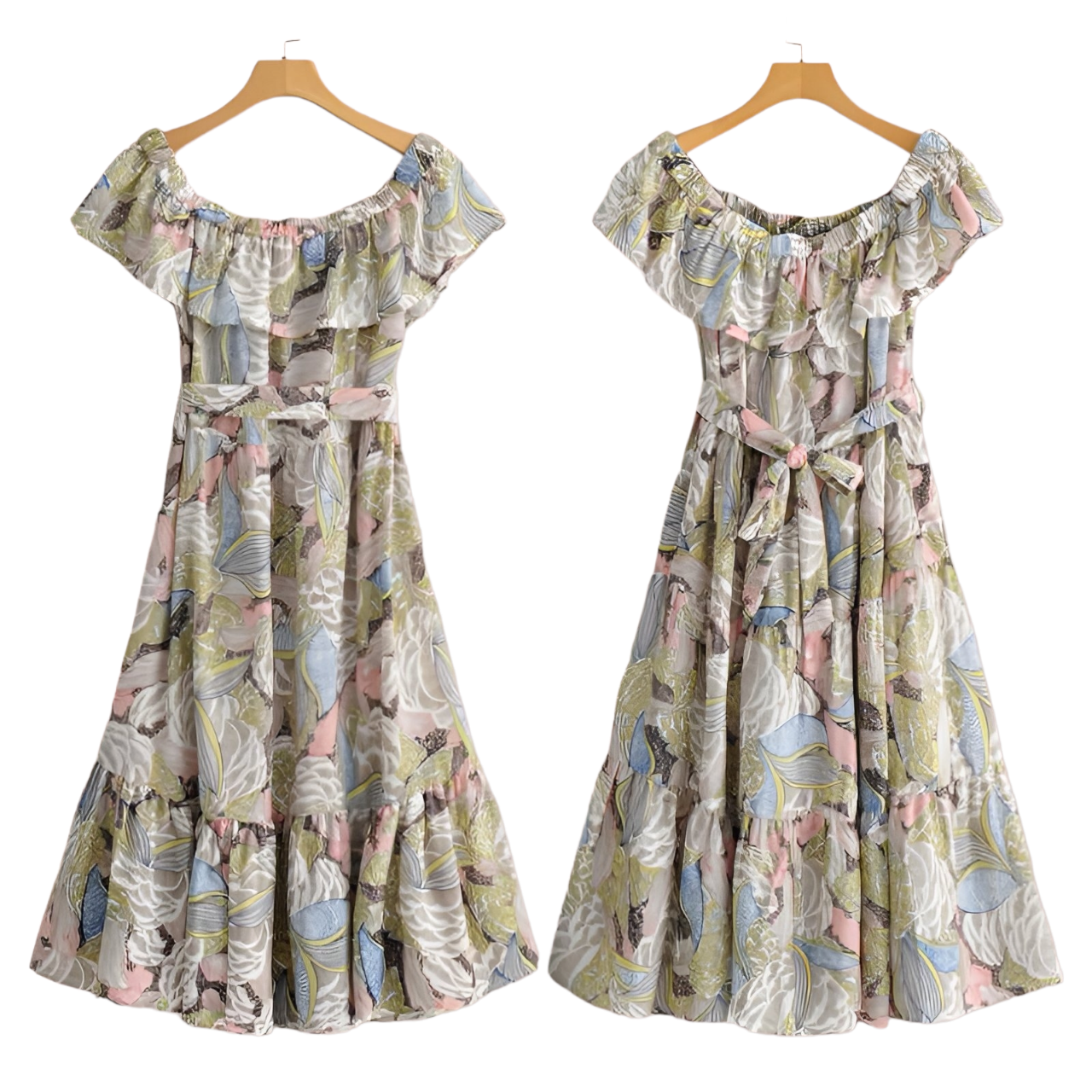 🌸✨ Dress4704 เดรสยาวเปิดไหล่ลายดอกไม้ ชีฟองพรีเมียม ทรงสวยคลาสสิคใส่ได้ทุกโอกาส