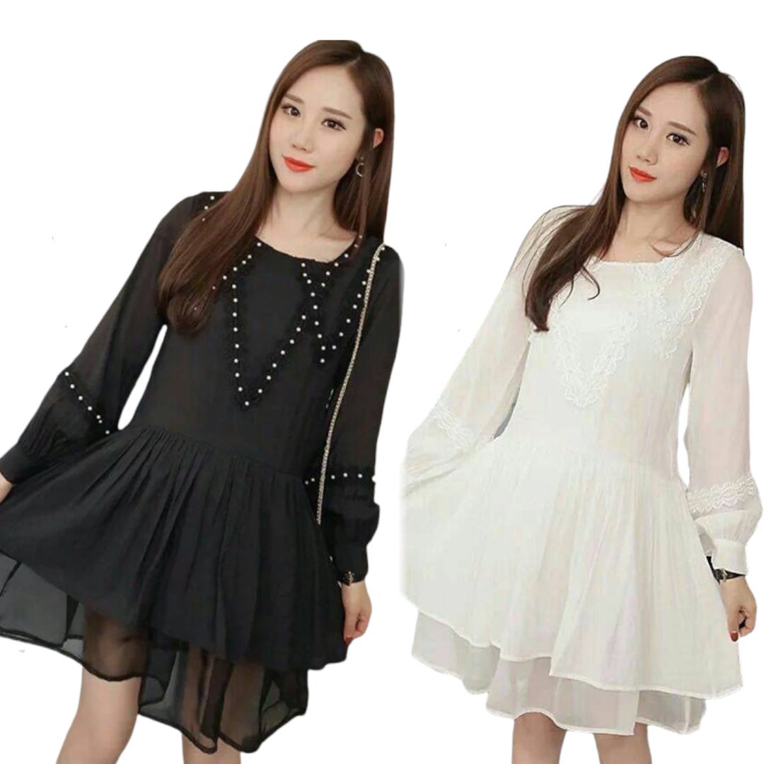 Dress4174 เดรสแขนยาวชายระบาย อกแต่งด้วยมุกและลูกไม้ มีซับในอย่างดี ผ้าชีฟองเนื้อดีมีน้ำหนักทิ้งตัวสวย ผ้าสวยเหมือนราคาหลักพัน งานดีทรงดีดูสวยแพง มี 2 สี ขาว, ดำ