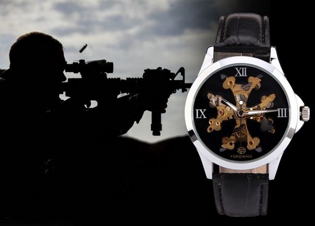 นาฬิกาข้อมือ โชว์กลไก Mechanical watch สไตล์ ทหาร อเมริกัน สไนเปอร์ ดีไซน์ ลายพราง 2 สี หน้าปัดทอง และ ดำ สายหนัง สุดคลาสสิค 431673
