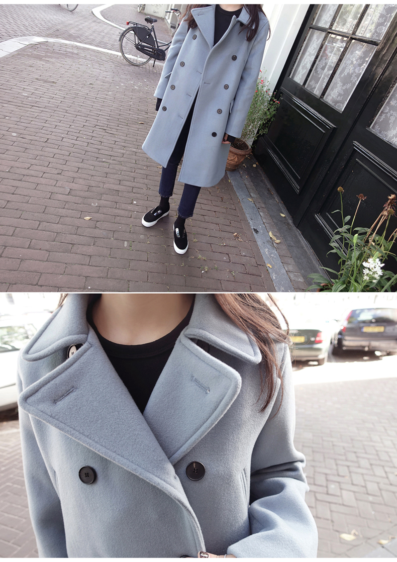 OverCoat เสื้อโค้ทกันหนาว สไตล์เกาหลี สีฟ้าอ่อน ตัวยาวแต่งกระดุมสองแถว บุซับในฟกันลม พร้อมส่ง สีฟ้าอ่อน L