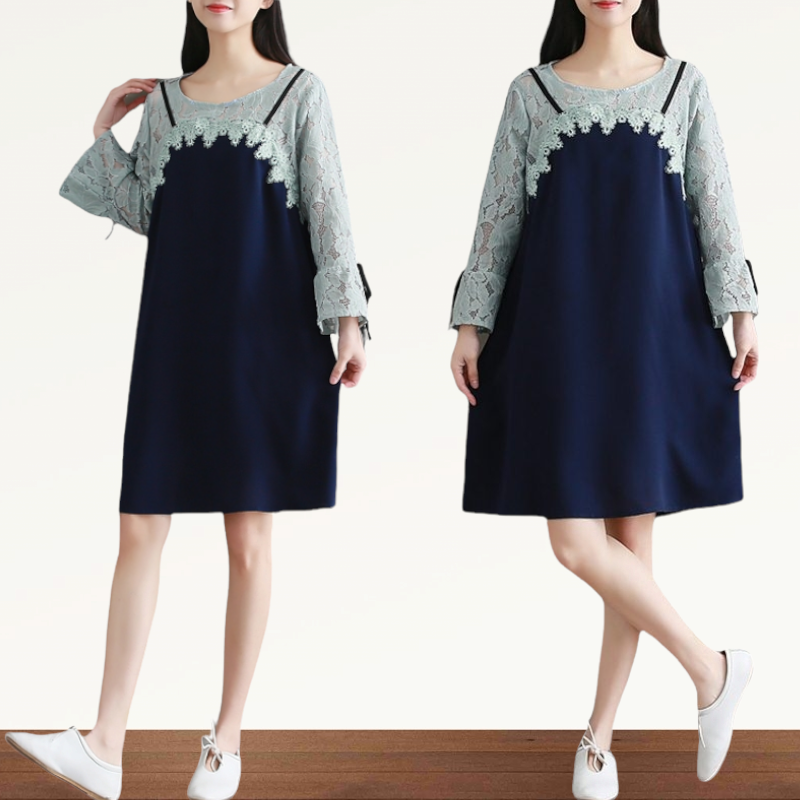 Dress4452 เดรสไซส์ใหญ่ทรงปล่อยอกลูกไม้สีกรมท่า แขนยาวแต่งระบาย ผ้าคอตตอนสแปนเด็กซ์เนื้อดีมีน้ำหนักทิ้งตัวยืดขยายได้ งานดีทรงดีสวยเรียบหรู ใส่เที่ยว/ใส่ทำงานได้