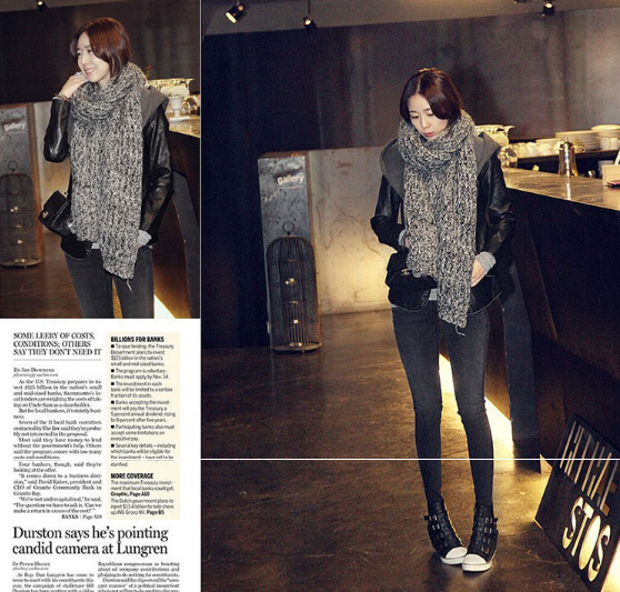 ผ้าพันคอกันหนาว ไหมพรม เกาหลี สีเทาลาย ดูดีไฮโซ พร้อมส่ง same pic