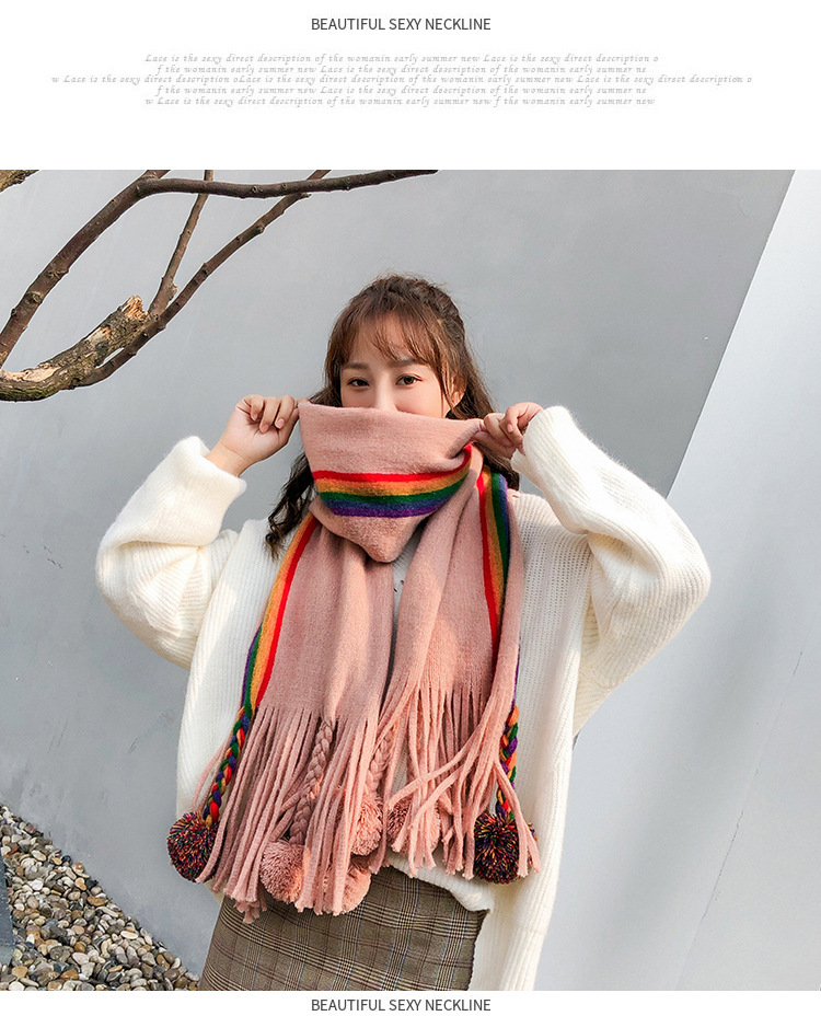 ผ้าพันคอไหมพรม ผืนใหญ่ แต่งแถบสี สไตล์เกาหลี ผ้านุ่ม พร้อมส่ง same pic