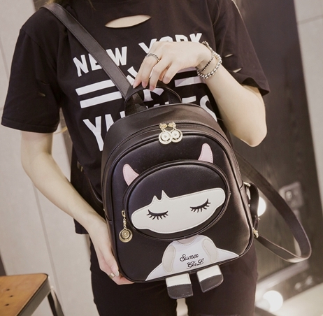 กระเป๋าเป้ หนังใบเล็กสีดำ แต่งลายเด็กผู้หญิง น่ารัก black