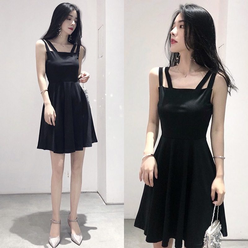 Dress4197 เดรสทรงสวยสีพื้นดำทรงสายคู่ ผ้าคอตตอนผสมสแปนเด็กซ์เนื้อดีหนาสวยมีน้ำหนักทิ้งตัว ผ้านุ่มใส่สบาย