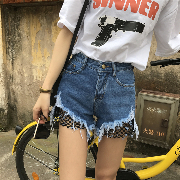 กางเกงยีนส์ขาสั้น แต่งชายกางเกงขาดเห็นต่าขายสีดำด้านใน Sexy พร้อมส่ง