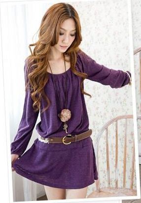 เดรสผ้ายืด ผ้า Cotton ใส่ทำงาน เดรส ทรงพอง ใส่สบาย สีพื้น สีม่วง no 98090_2