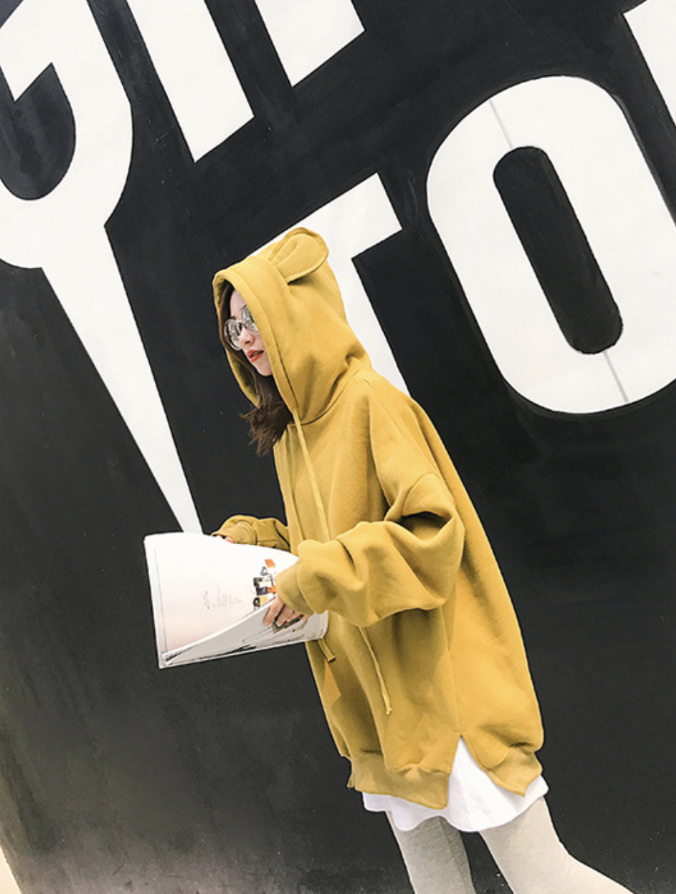 เสื้อกันหนาวฮู้ดดี้ แฟชั่นเกาหลี หูหมี ผ้าเนื้อนุ่ม ด้านในเป็นผ้าสำลี กันหนาวได้จ้า พร้อมส่ง งานจริงในภาพสุดท้าย เหลือง