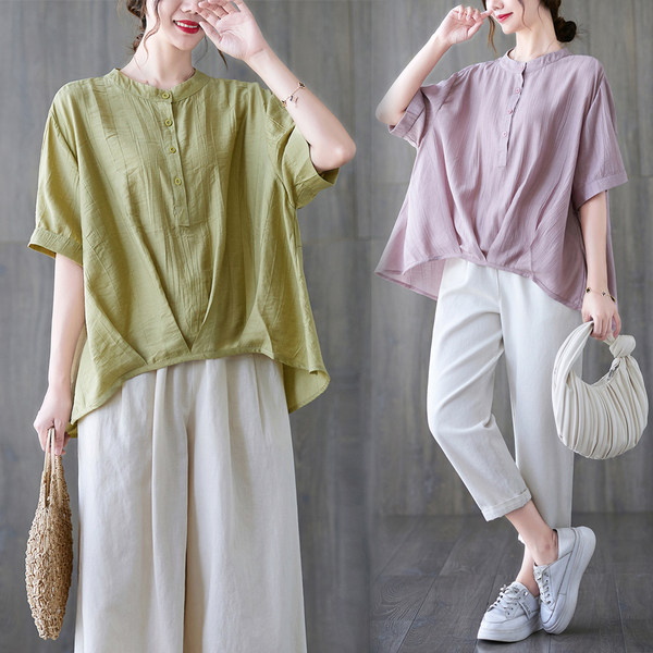 เสื้อทีเชิ้ตคนอ้วนผู้หญิงสไตล์คอตตอนลินินมีไซต์อก 47-48 นิ้ว