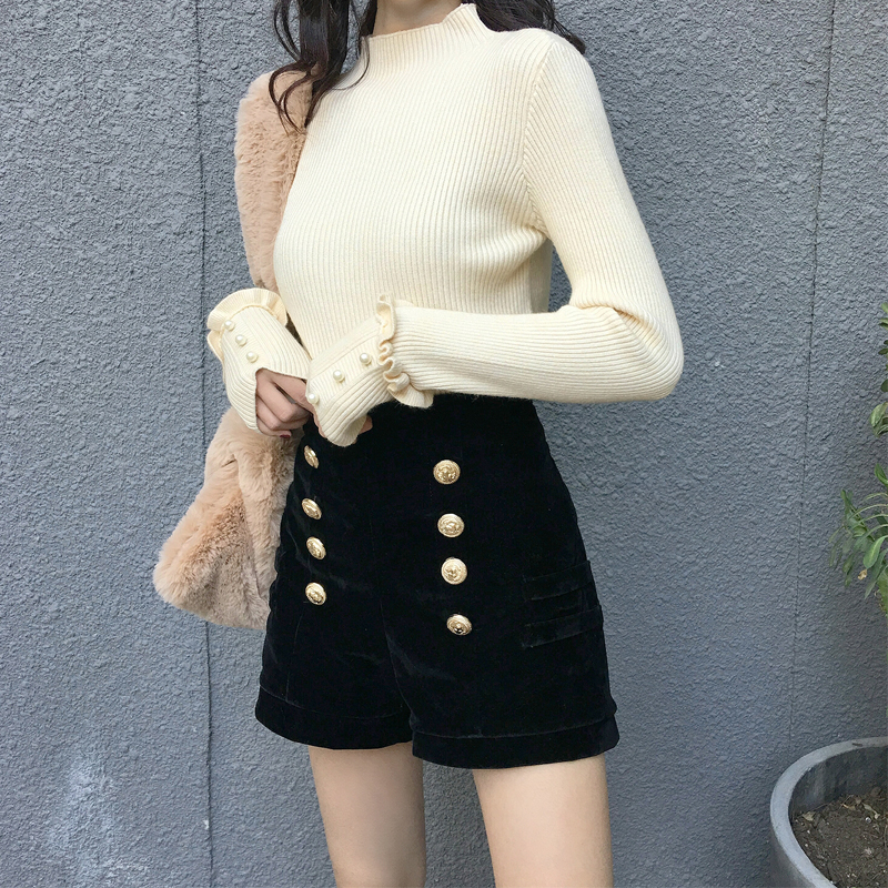 เสื้อสเวตเตอร์ ไหมพรมคอเต่า ลายทางในตัว ยืดได้เยอะ ผ้านุ่ม ครีม