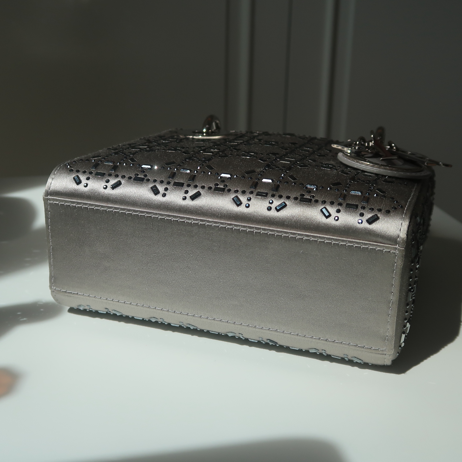 Christian Dior Grey Strass Cannage Satin Mini Lady Dior SHW