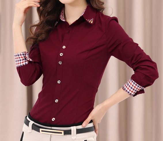 เสื้อเชิ้ตผู้หญิง เสื้อเชิ้ิตแขนยาว ใส่ทำงาน ดีไซน์ เพิ่มความสวยเก๋ พับแขนเป็นลายสก๊อต ปกด้านใน ลายสก๊อต เสื้อเชิ้ต สีแดงเลือดหมู แบบสวย ๆ 670211_1
