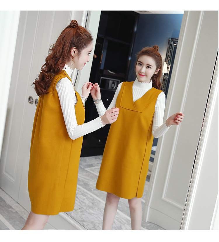 Set_bs1732 ชุด 2 ชิ้น(เสื้อ+เดรส) เดรสคอวีทรงปล่อยสีเหลืองผ้าคอตตอนกำมะหยี่เนื้อดีนุ่มใส่สบาย+เสื้อแขนยาวคอเต่าผ้าร่องไหมพรมเนื้อนุ่มยืดหยุ่นสูง งานดีดีเทลเก๋ๆ ใส่เที่ยว/ใส่ทำงานได้