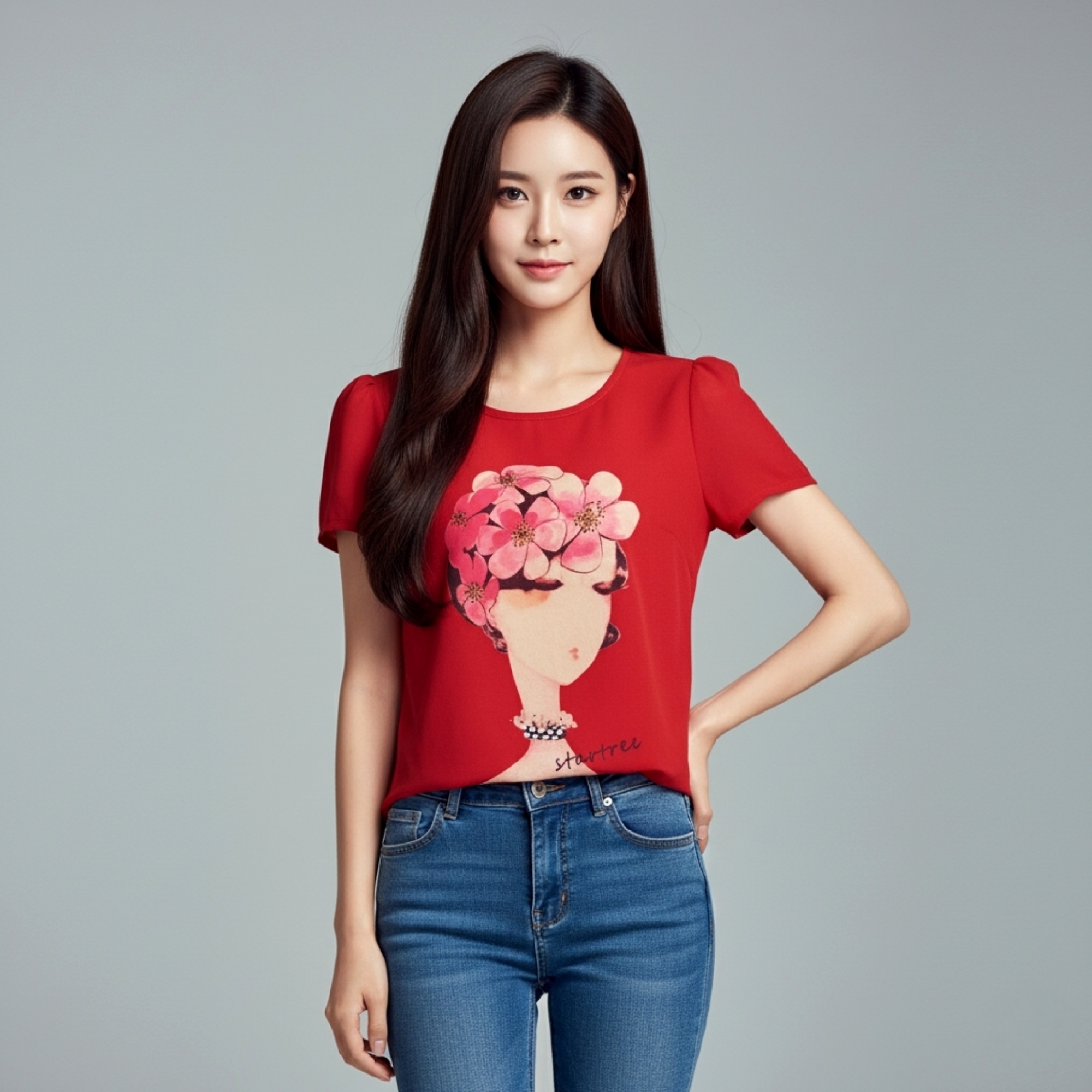 Blouse1788 เสื้อแฟชั่นผ้าชีฟองเนื้อทรายสีแดง แขนสั้น ดีเทลแต่งลายผู้หญิงปักมุก งานสวยแมทช์กับอะไรก็เข้า