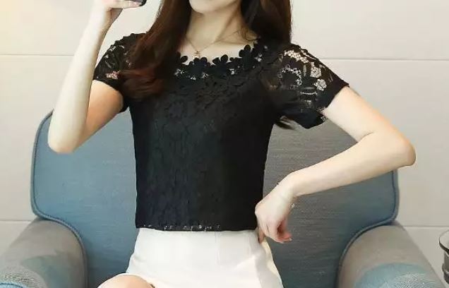 เสื้อผ้าลูกไม้ วัยรุ่น สีดำ สีขาว แขนสั้น แบบเรียบ คอกว้าง ใส่ทำงาน เที่ยว ออกงาน แบบเก๋ ๆ เสื้อลูกไม้ ใส่ออกงาน 464337