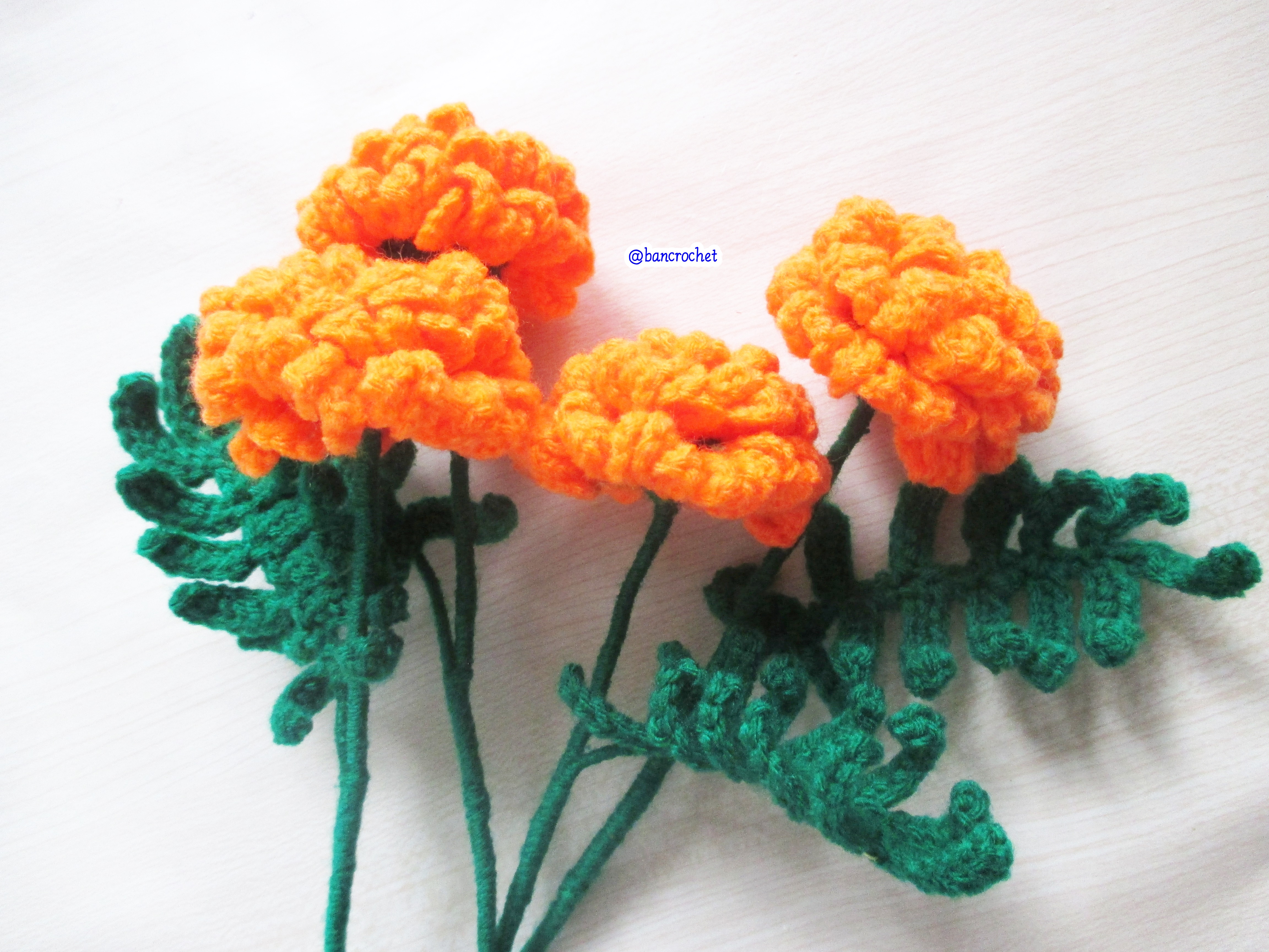 Bancrochet ดอกไม้ถักโครเชต์ ดอกดาวเรือง Marigold Crochet Flowers เหลือง 5 inch