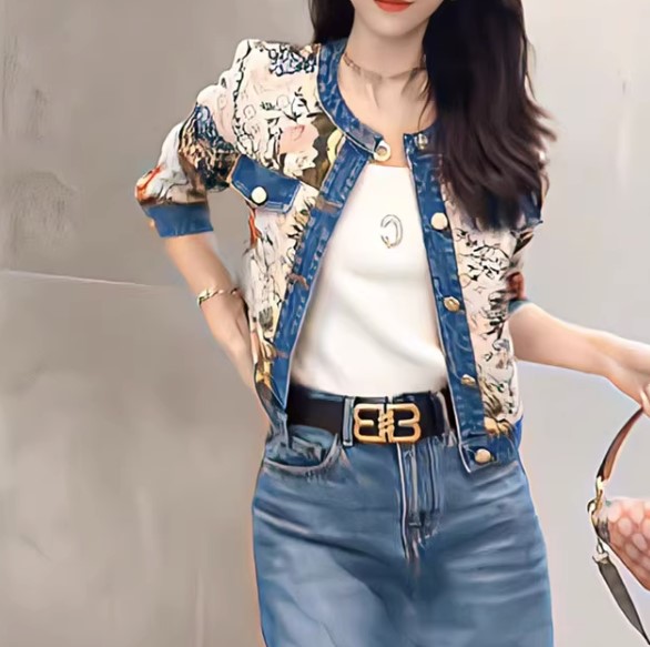 เสื้อยีนส์ Jacket ยีนส์ ผู้หญิง แบบมีลาย เสื้อแจ็คเก็ตยีนส์ ลาย ดอกกุหลาบ แบบสาวหวาน ปนเท่ เสื้อยีนส์ แขน 4 ส่วน 287550