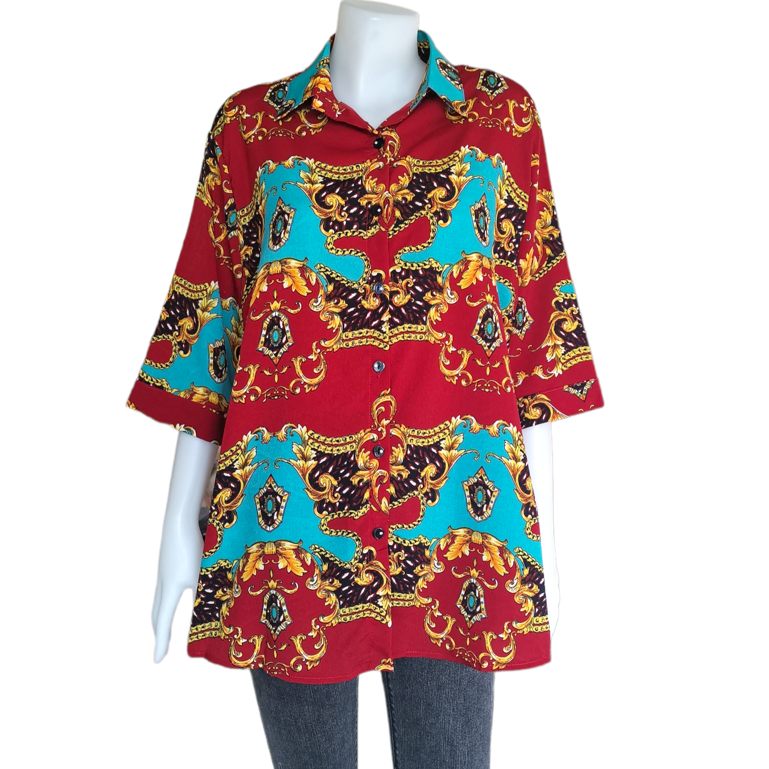 Blouse3735 เสื้อเชิ้ตไซส์ใหญ่ลายวินเทจ กระดุมหน้า แขนยาวสามส่วน ผ้าชีฟองเนื้อหนาทิ้งตัวใส่สบายสุด