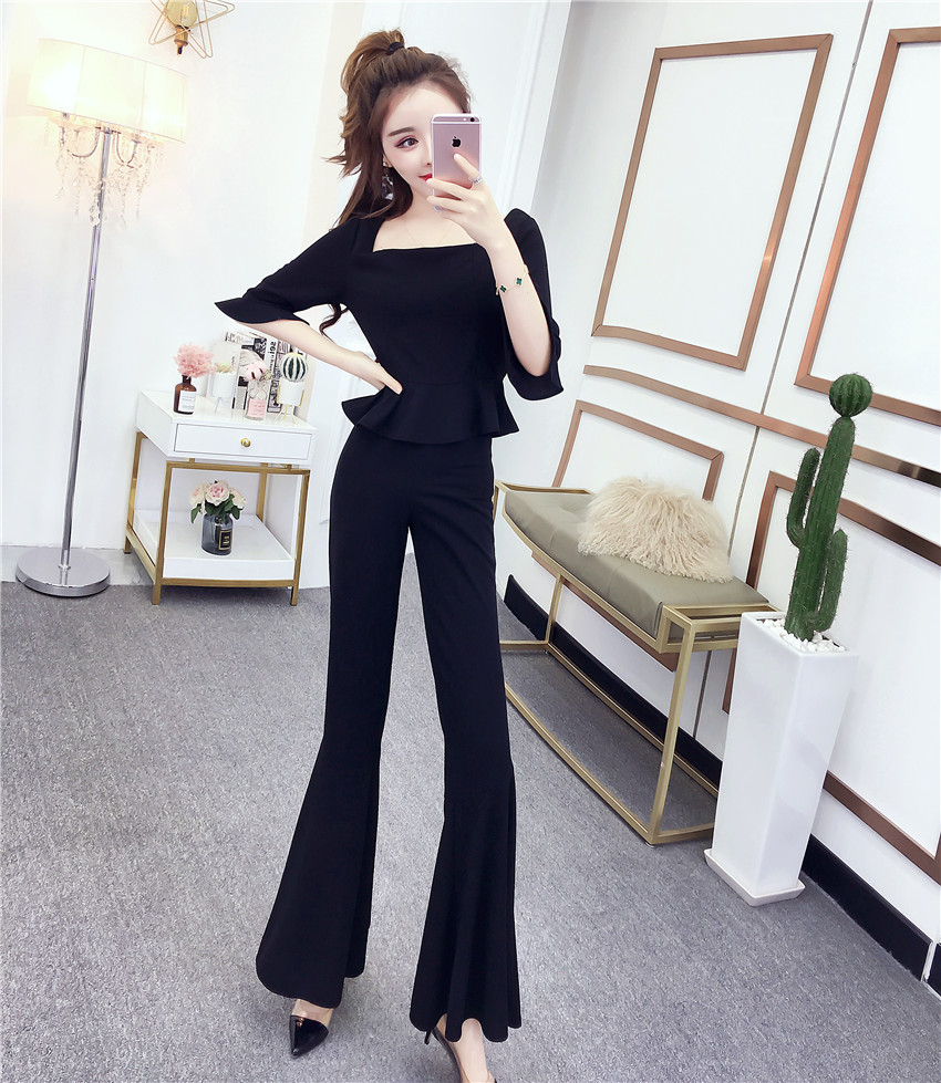 Set_bt1733 ชุดเซ็ท(เสื้อ+กางเกง) เสื้อคอเหลี่ยมชายระบายแขนสามส่วนซิปหลังใส่ง่าย กางเกงขายาวชายบาน เอวสม็อคยางยืดหลัง ผ้าโพลีเนื้อดีหนามีน้ำหนักยืดหยุ่นได้ งานดีทรงดีเรียบหรู ใส่แล้วดูสวยแพง มี 2 สี ดำ, ไวน์แดง