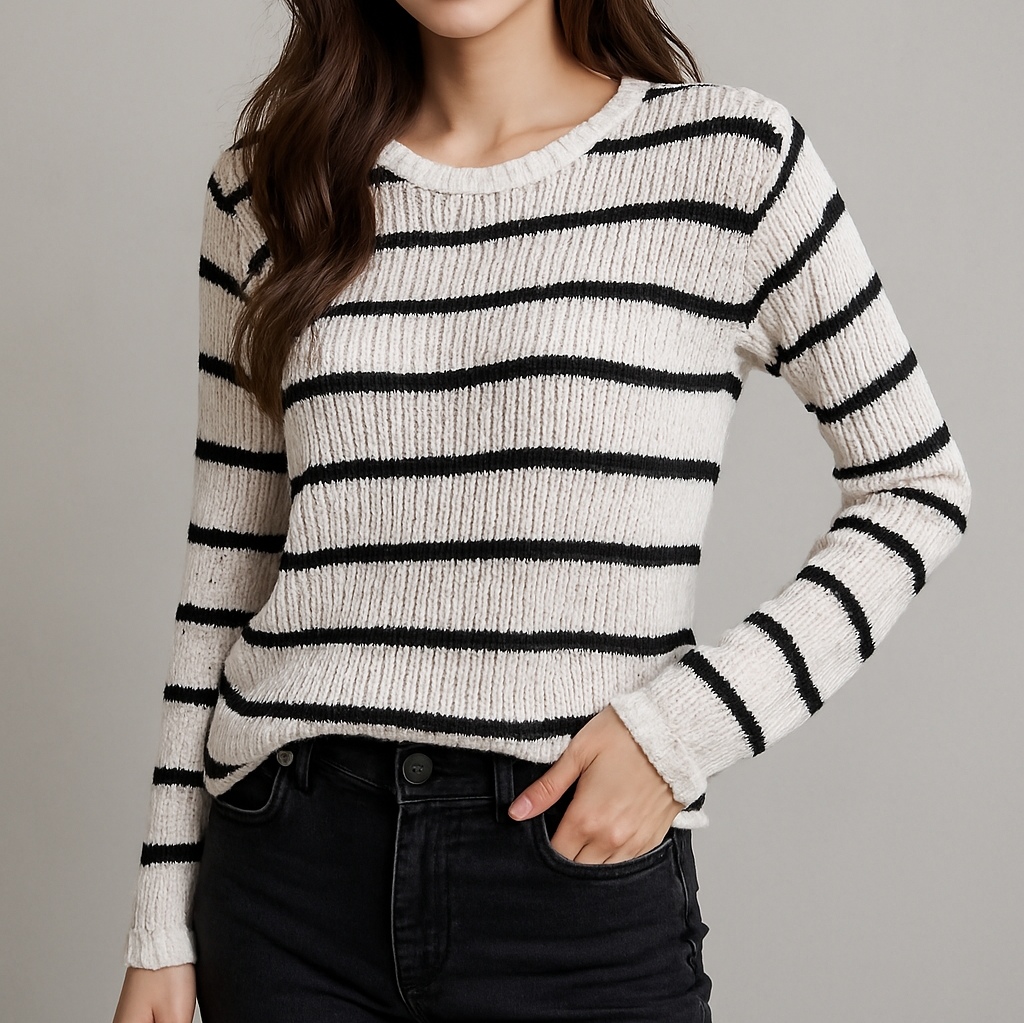 Blouse3965 เสื้อแฟชั่นนำเข้า เสื้อไหมพรมไซส์ใหญ่แขนยาวลายริ้วสีขาวตัดดำ เป็นเสื้อตัวยาวทรงปล่อยโอเวอร์ไซส์ ไหมพรมเนื้อหนาปานกลาง ทรงฟรีไซส์ใส่สบาย งานน่ารักแมทช์กับขาสั้นหรือขายาวก็ดูดี