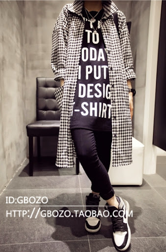 เสื้อคลุมตัวยาว เกาหลี ผ้าฝ้าย พิมพ์ลายตาราง มีกระดุมหน้า + กระเป๋าข้าง พร้อมส่งจ้า ดำ