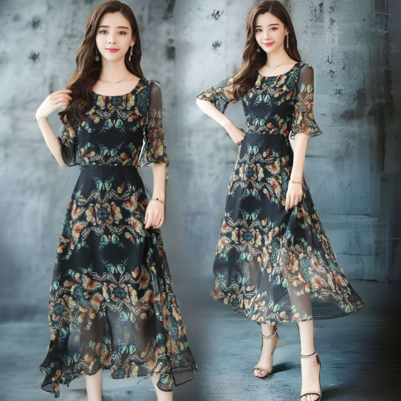 Dress4624 Maxi Dress แม็กซี่เดรส/ชุดเดรสยาวลายผีเสื้อพื้นสีดำ ซิปข้างใส่ง่าย มีซับในอย่างดี ผ้าชีฟองเนื้อดีนุ่มใส่สบาย งานดีทรงดีลายสวย ชุดเดียวสวยจบ สวมใส่ได้ทุกโอกาส