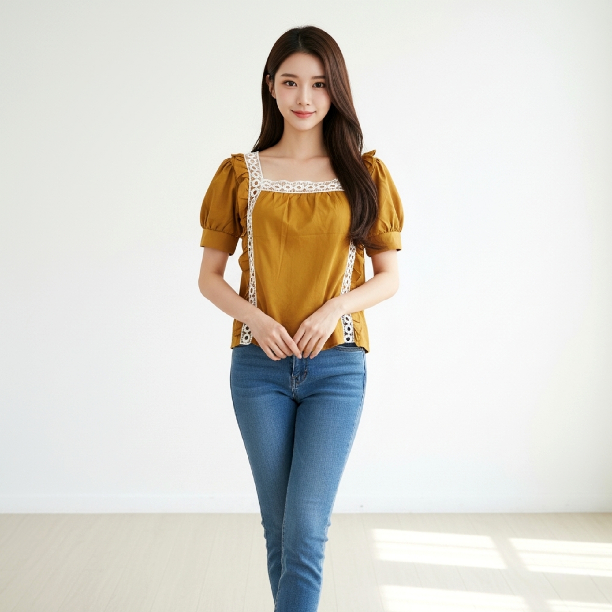 Blouse3903 เสื้อแฟชั่นน่ารักทรงคอเหลี่ยมแต่งระบายลูกไม้ แขนตุ๊กตา ผ้าคอตตอนเนื้อดีหนาสวย แมทช์กับอะไรก็สวย มี 2 สี ขาว, เหลืองมัสตาร์ด