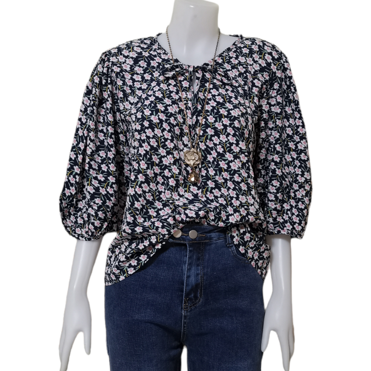 Blouse3992 เสื้อแฟชั่นไซส์ใหญ่คอโบว์ลายดอกไม้แขนพองสามส่วน ผ้าชีฟองเนื้อหนา ผ้านุ่มใส่สบาย งานสวยแมทช์กับอะไรก็เข้า มี 2 โทนสี เหลือง, กรม