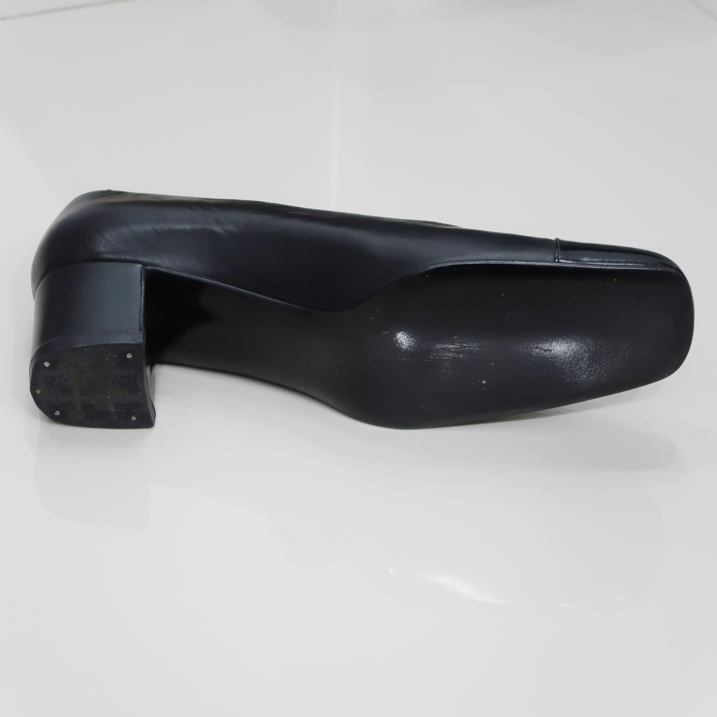 Chanel Black Calf Leather Patent Cap Toe Pumps Size 38.5