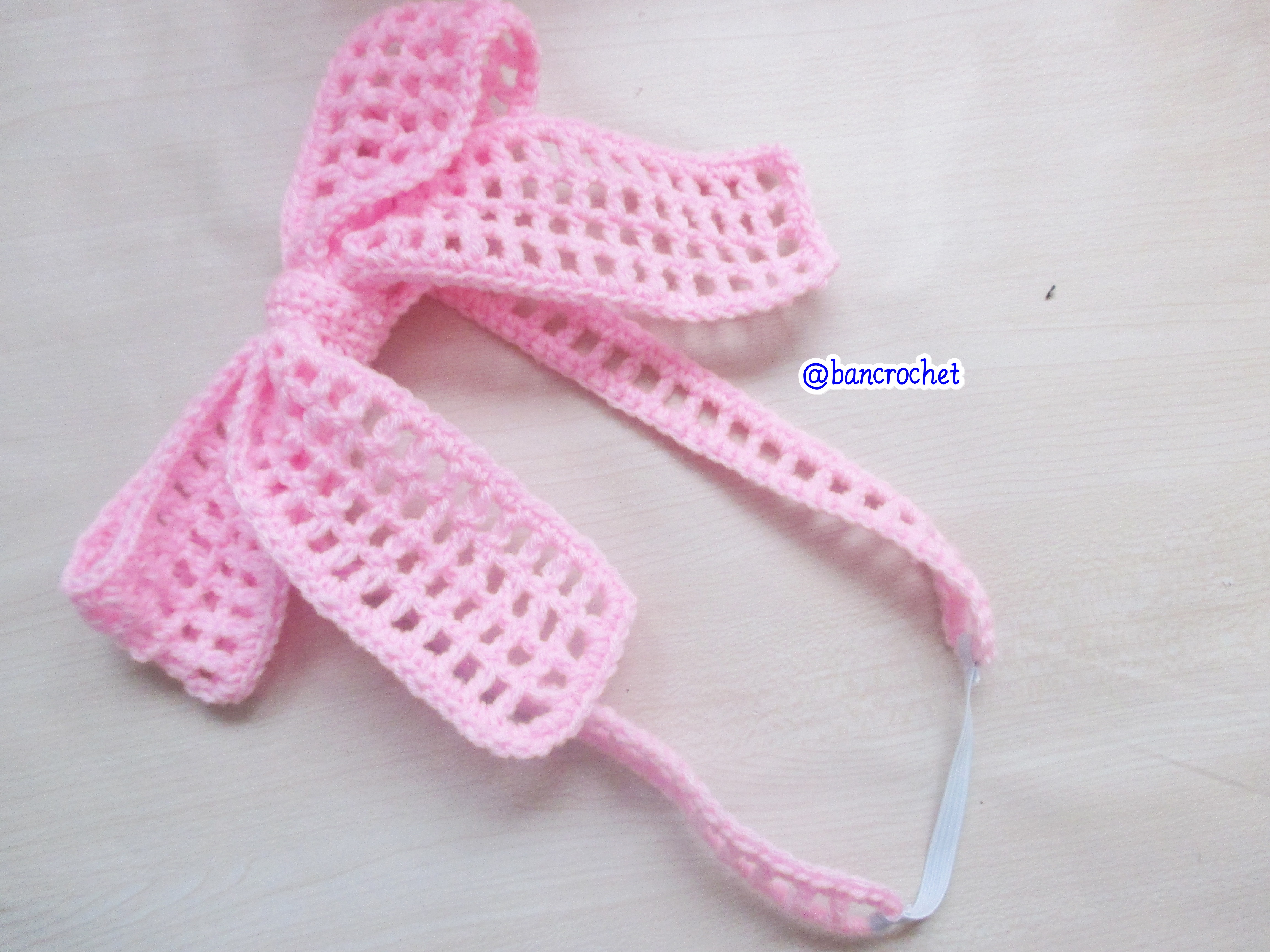 Bancrochet ที่คาดผมถักโครเชต์ โบว์ถักคาดผม Crochet Bow Headband ชมพูอ่อน 5 inch