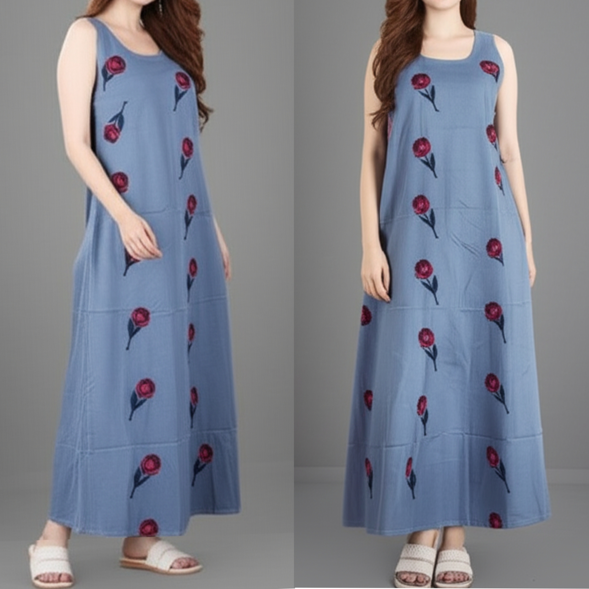 🌹 Dress3407 Maxi Dress แม็กซี่เดรสยีนส์ปักกุหลาบ ใส่แล้วสวยหวานแต่ยังดูเท่มีสไตล์ สียีนส์อ่อน
