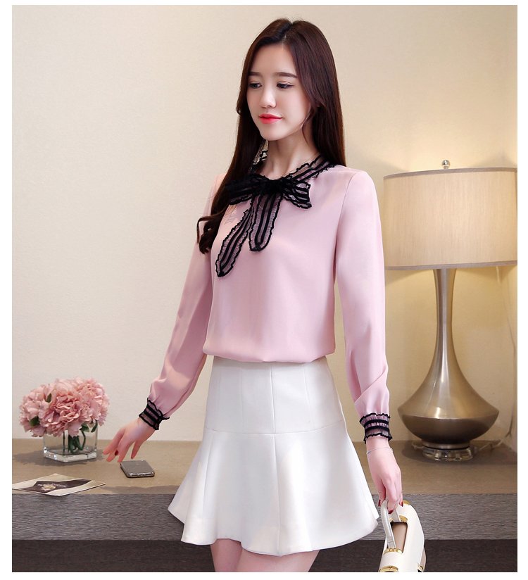 Blouse4049 เสื้อแขนยาวสีชมพู คอผูกโบว์ลูกไม้เพิ่มดีเทลความน่ารัก ผ้าโพลีเนื้อดีนุ่มหนามีน้ำหนักทิ้งตัว