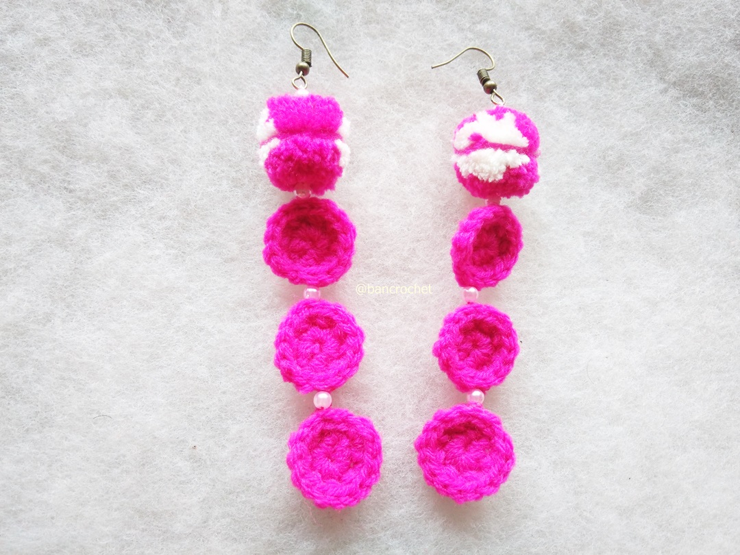 Bancrochet ต่างหูถักโครเชต์ crochet earrings สีชมพูเข้ม 4-6 นิ้ว