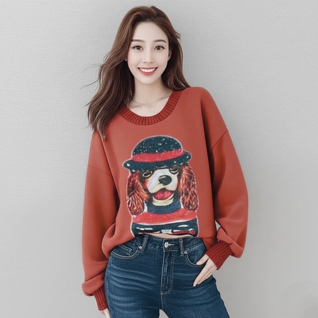 Blouse3807 เสื้อกันหนาวไหมพรมแขนยาวสีน้ำตาล แต่งลายน้องหมาใส่หมวกปักเลื่อม งานไหมพรมถักเนื้อดีหนานุ่มใส่อุ่นสบาย งานดีเกรดพรีเมียม งานสวยใส่ง่าย แมทช์กับอะไรก็น่ารัก