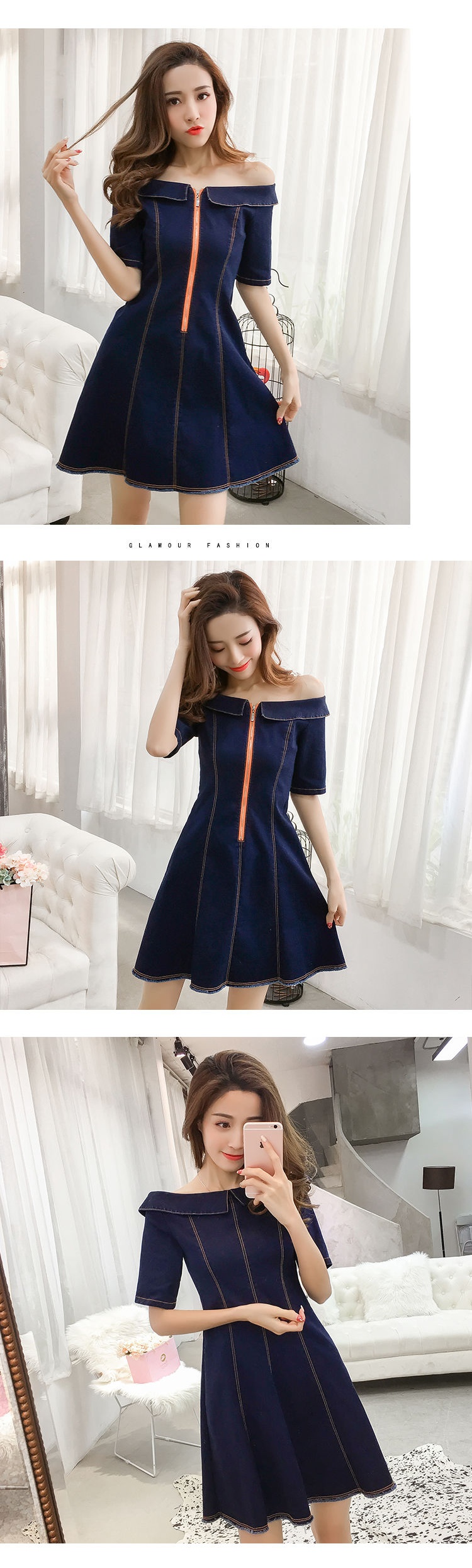 Dress4501 เดรสยีนส์เปิดไหล่แขนสามส่วน ซิปหน้าใส่ง่าย แต่งชายรุ่ยดูมีดีเทล ผ้ายีนส์แท้ยีนส์ยืดเนื้อดี