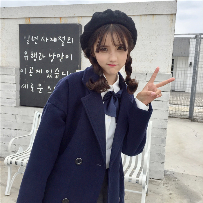 เสื้อโค้ทกันหนาว สไตล์นักเรียนเกาหลี ผ้าวูลผสมเนื้อดี เนื้อกำลังดีเป็นทรงไม่หนัก พร้อมส่ง DARK BLUE