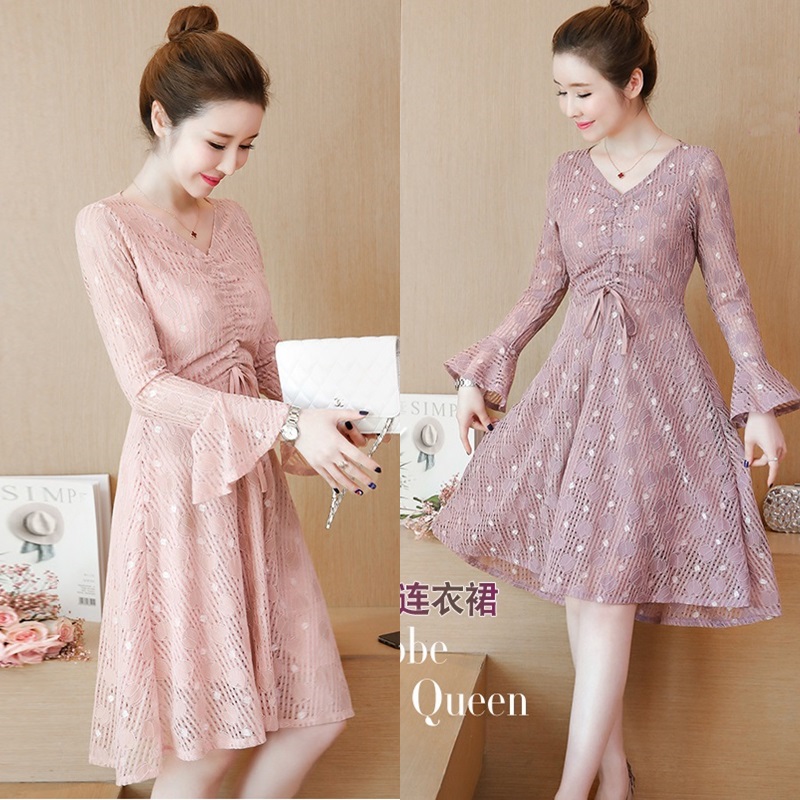 Dress4503 เดรสยาวลูกไม้ทรงสวย แขนยาวแต่งระบาย มีเชือกรูดกลางอกเก๋ๆ ดูมีดีเทล ผ้าลูกไม้เนื้อดีหนาสวยเกรดพรีเมียม งานดีผ้าสวยเหมือนราคาหลักพัน