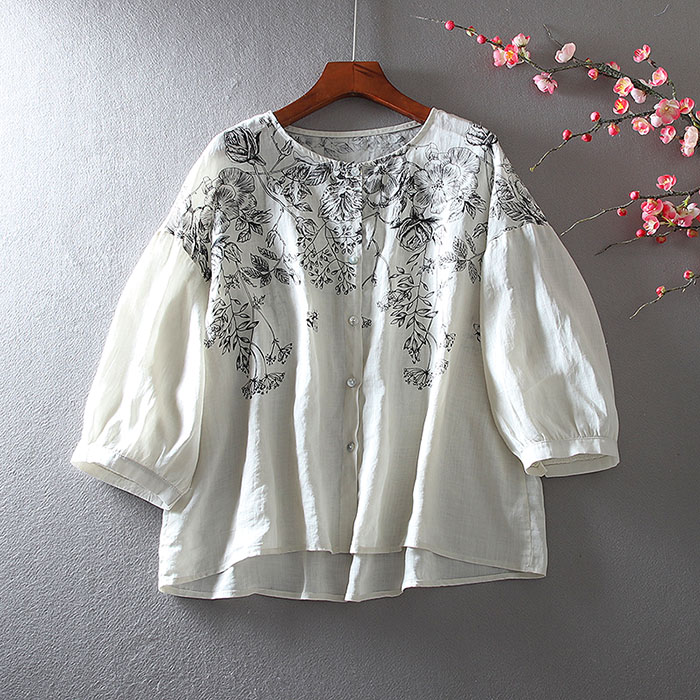 เสื้อลินิน เสื้อผ้าฝ้ายลินิน เสื้อเชิ้ตผ้าลินิน ปักลายสวยๆด้วยด้าย สไตล์VINTAGE BY Dreamroom