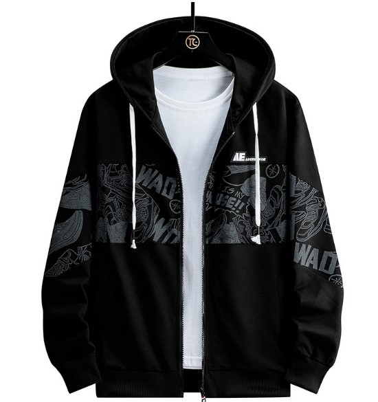 เสื้อ jacket ผู้ชาย ซิปหน้า แบบมีฮู้ด เสื้อ jacket เท่ ๆ สีดำ ลายการ์ตูน แบบอาร์ต ๆ ใส่เท่ ๆ 619364
