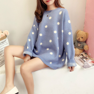 Sweater เสื้อสเวทเตอร์ไหมพรม สีฟ้า แขนยาวลายจุด