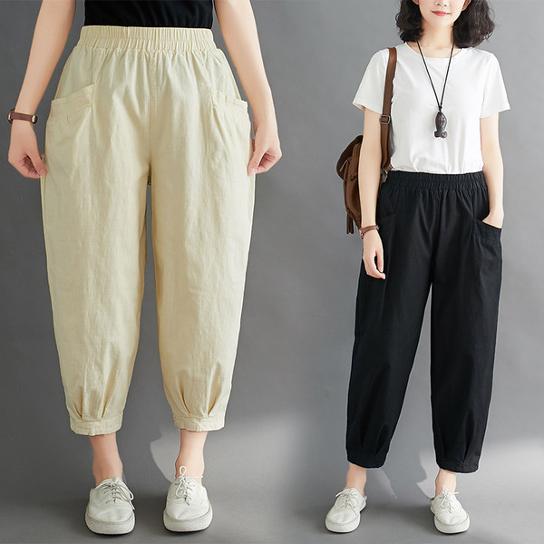 กางเกงผ้าลินิน กางเกงขายาว กางเกงผ้าลินินญี่ปุ่น กางเกงผ้าลินิน เอว ยางยืด By LZcotton and linen