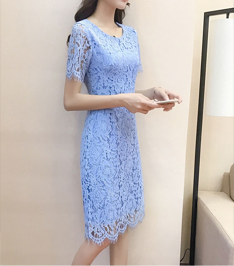 Dress4495-Blue เดรสลูกไม้ทรงเข้ารูปสีฟ้า ซิปหลังใส่ง่าย มีซับในอย่างดีทั้งชุด ผ้าลูกไม้คอตตอนเนื้อดีหนาสวย งานดีทรงดีลายสวย เรียบหรูดูแพงสุด ใส่ทำงาน/ใส่ออกงานได้
