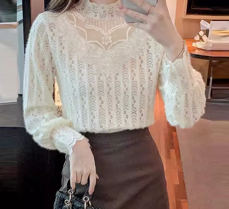 แฟชั่น เสื้อลูกไม้ แขนยาว แบบปิดคอ สไตล์ คุณหนู เสื้อลูกไม้ วัยรุ่น วัยทำงาน แบบสวย ๆ สีเบจ 492638