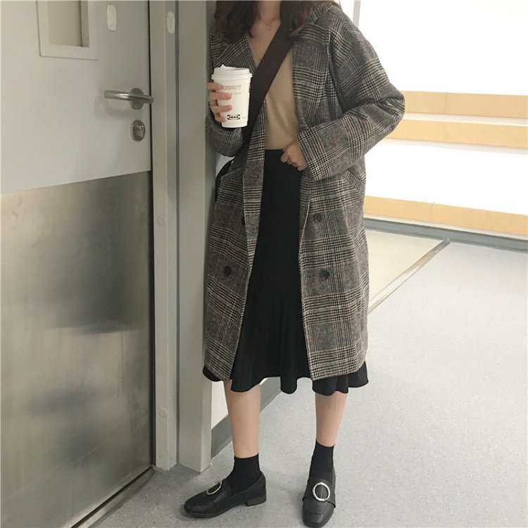Korea Minimal Coat เสื้อคลุมกันหนาว ตัวยาว สไตล์เกาหลี ผ้าทอลายสก๊อต บุซับในกันลม